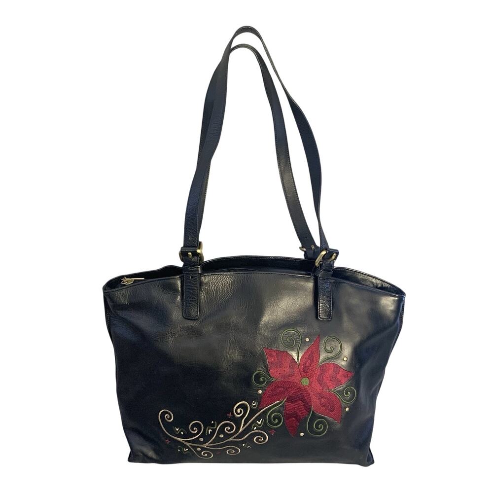 Vintage Maxx New York Black Leather Shoulder Hobo Bag, Embroidered Boho Festival